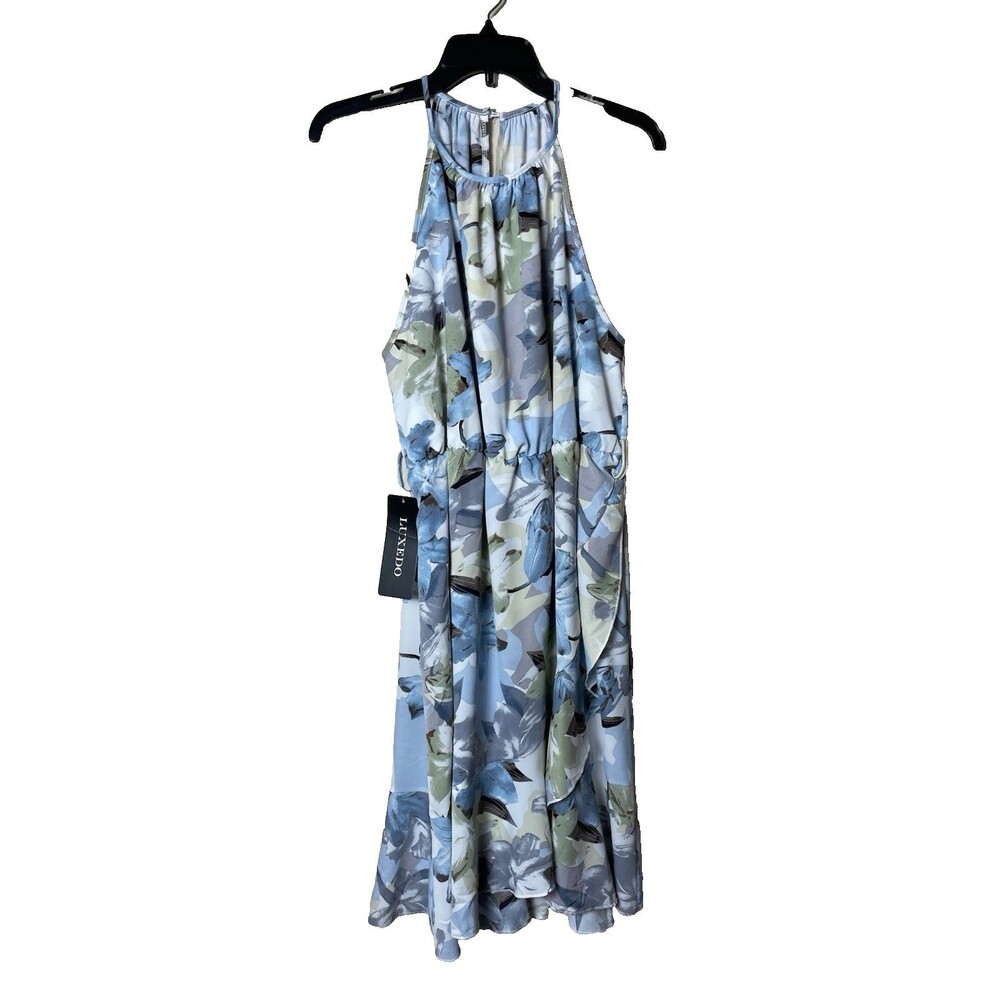 Luxedo Woman's Sunny Bliss Light Blue Floral Halter Ruffled Midi Dress Size XL